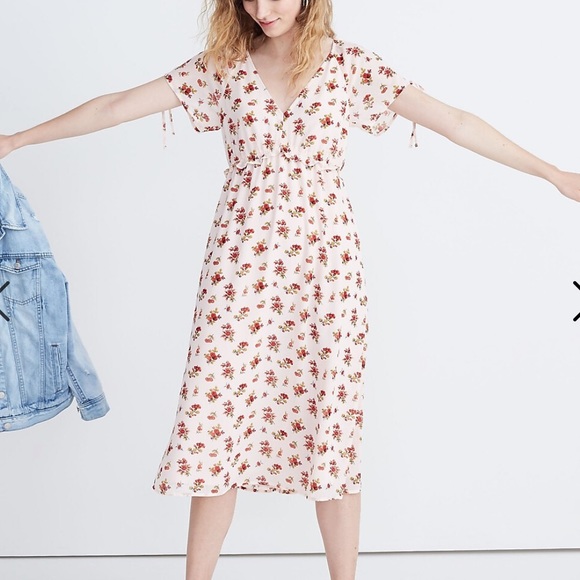 Madewell Ruffle Floral Waist Tie Sleeve Flowy Midi Dress Size 8 - Picture 1 of 5